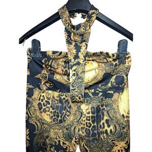 K TOO Womens 2PC Outfit S Halter Crop Top Pants Baroque Leopard Print Black Gold